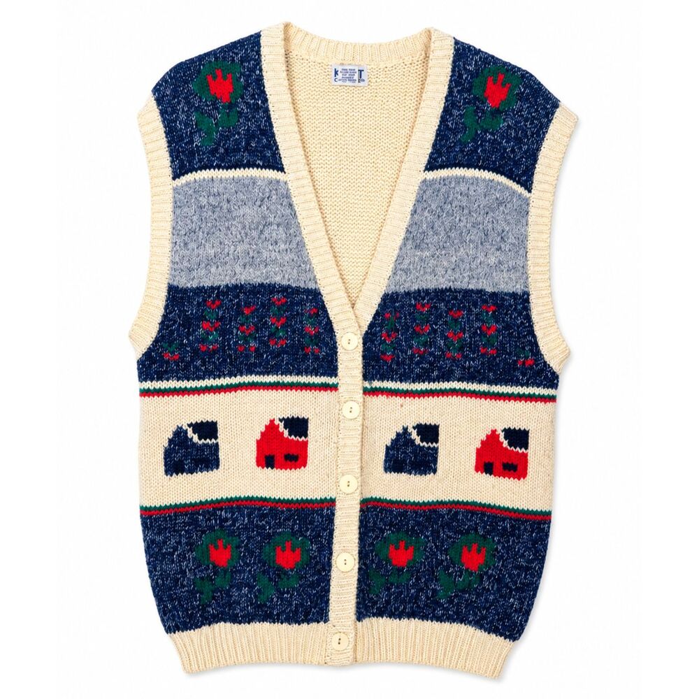 Vintage 90s Koret City Blues 2X Sweater Vest Floral Folk Knit Grandmacore